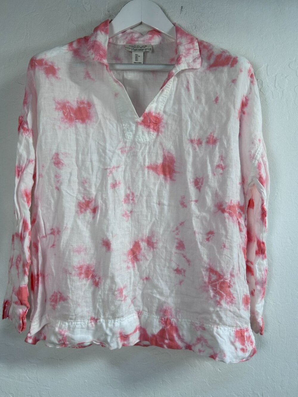 Rachel Zoe Womens Pink & White Tie-Dye Linen Long Sleeve Popover Top Size Large